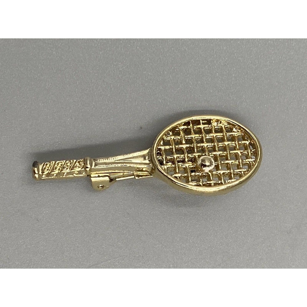 Gold Colored Tennis Racket with Ball Lapel Pin Brooch